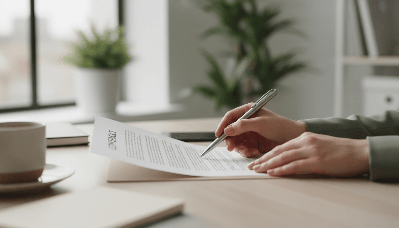 Hands reviewing a coaching agreement document on a clean desk