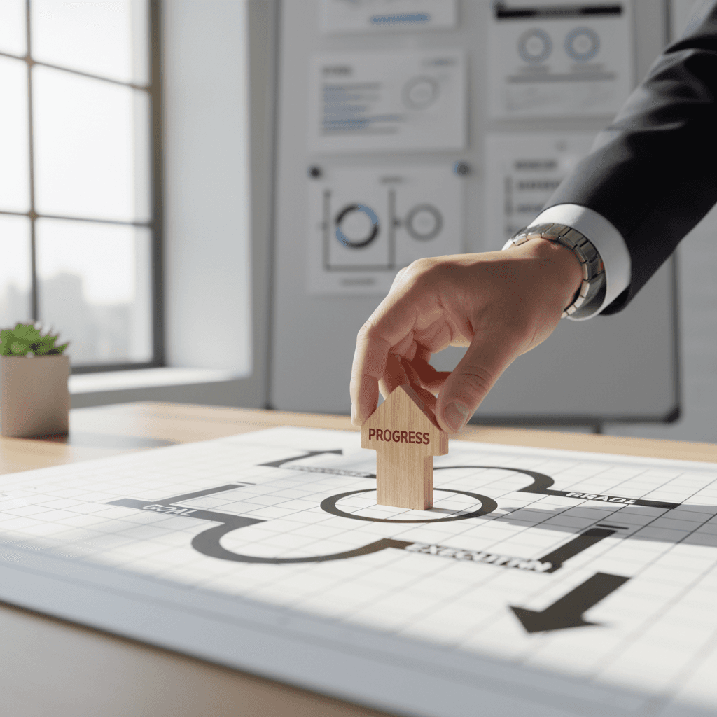 Hand placing a success marker on a business strategy board