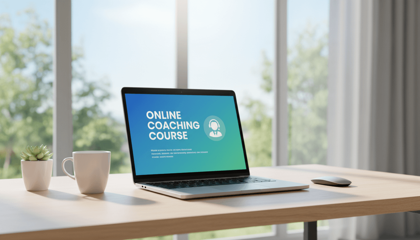 Modern laptop displaying online coaching course on a clean desk with natural light.