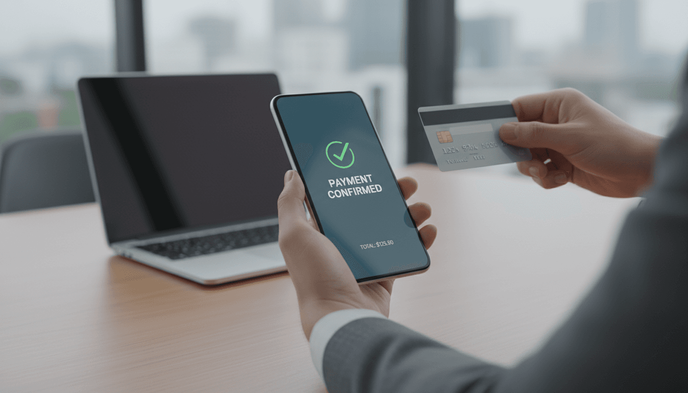 Secure smartphone and credit card for seamless mobile payment in professional environment.