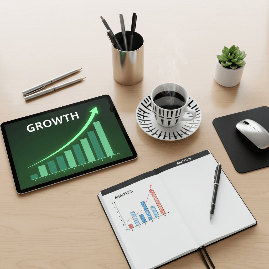 Overhead of a desk with printed growth charts and a tablet displaying an upward graph