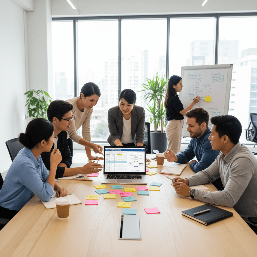 Professionals planning an offer structure with sticky notes and a laptop