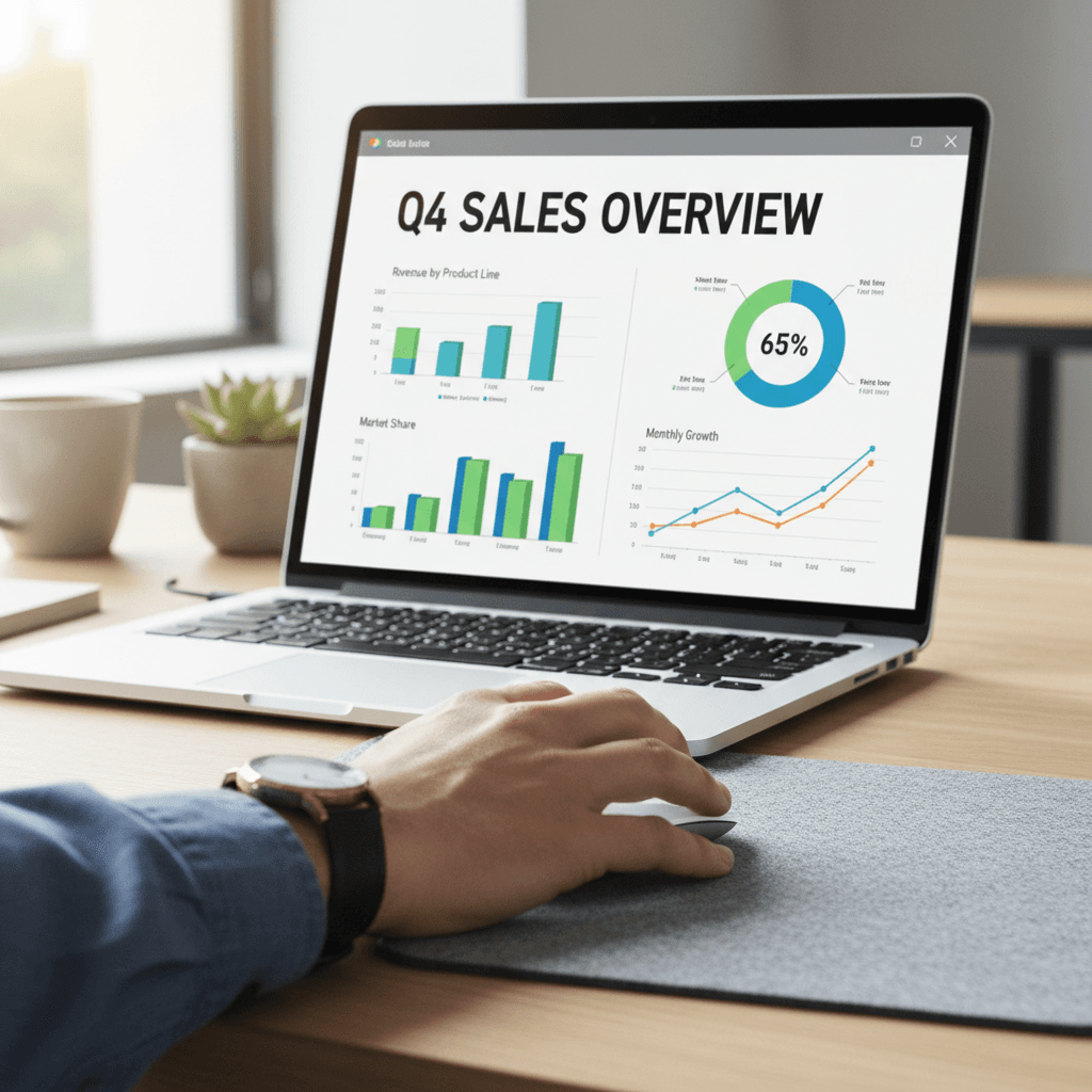 Hand analyzing business performance and sales data on a laptop