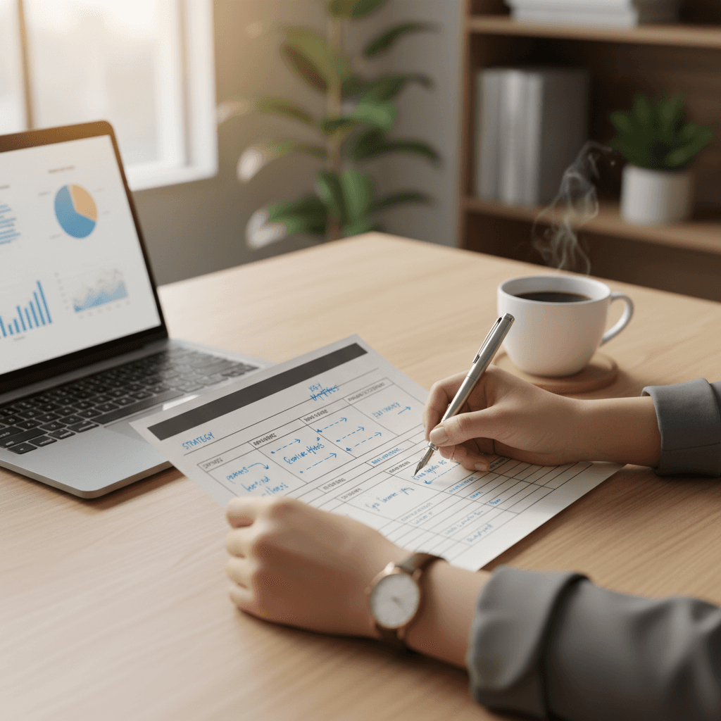 Professional reviewing a structured business blueprint document on a desk