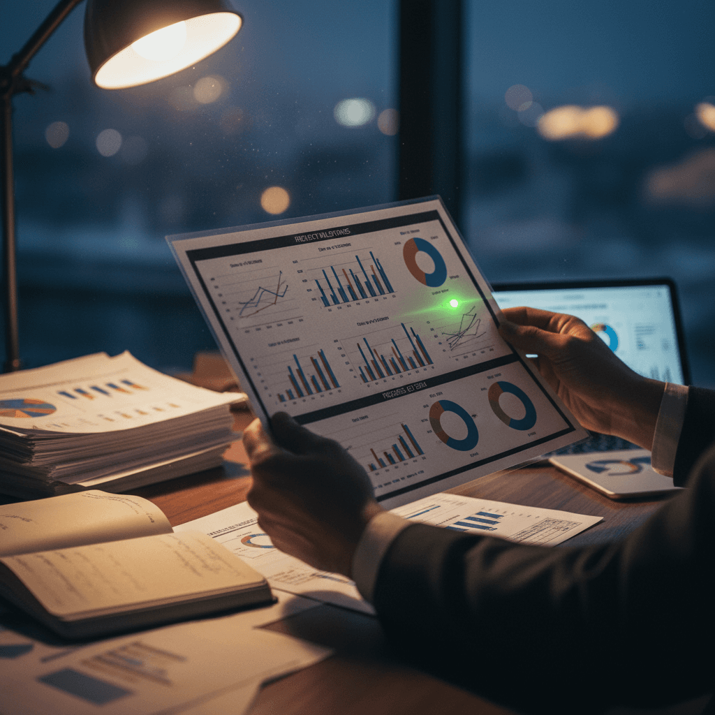 Hands reviewing a progress chart on documents at a desk