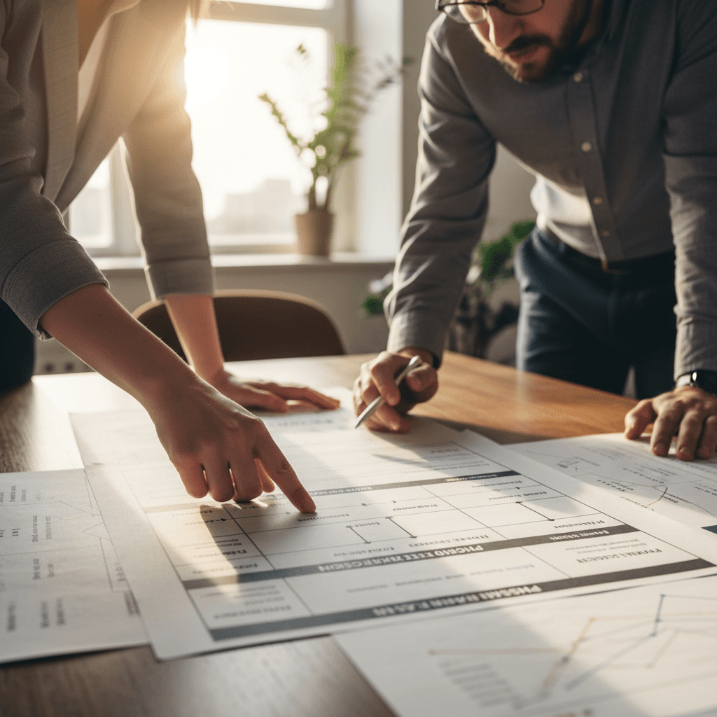 Two professionals reviewing a structured business roadmap together at a table