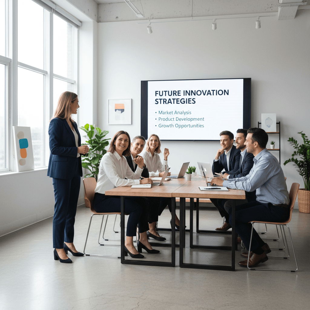 Professional presenting a business plan to a small group of attendees