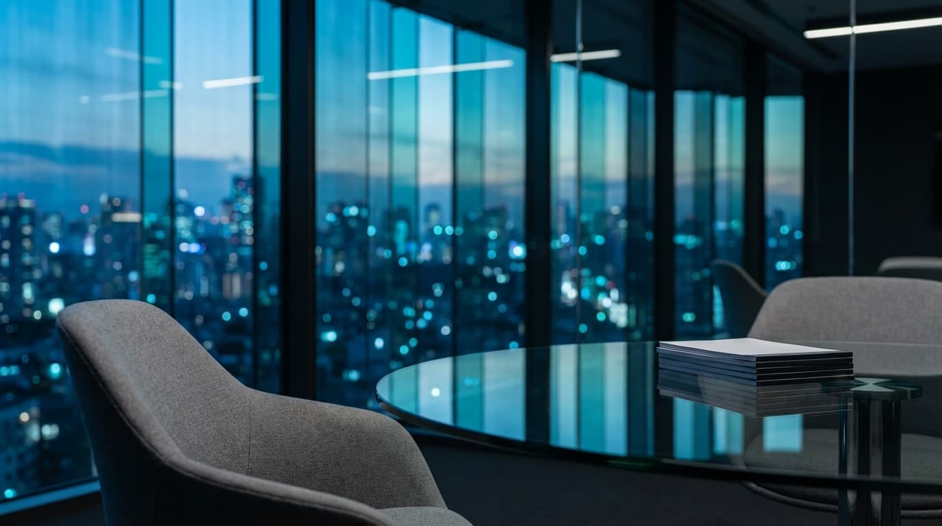 Modern conference room with panoramic city night bokeh lights reflected in glass table and windows.