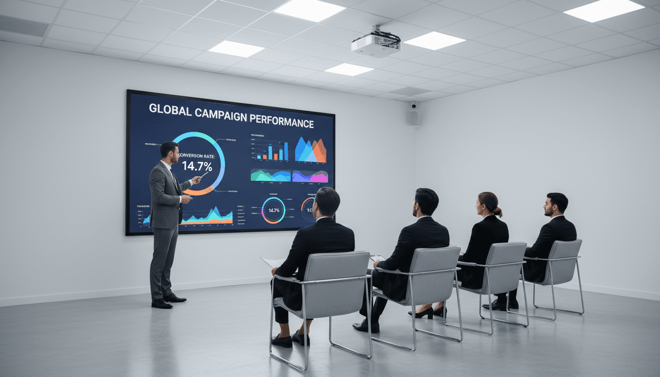 Professional presenting launch metrics and growth charts to a group