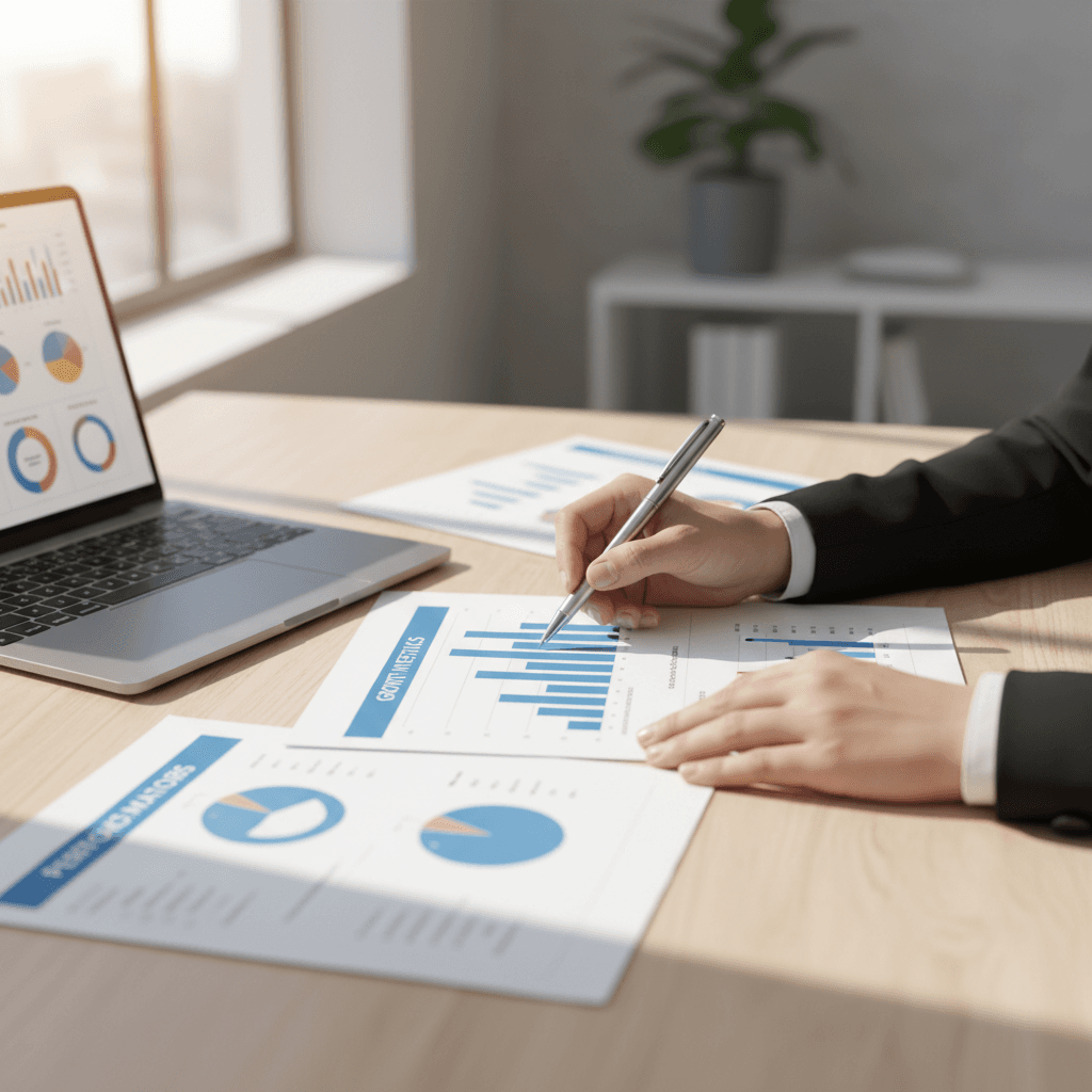 Professional reviewing a business blueprint document on a desk