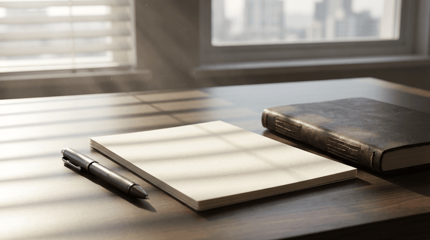 A calm strategy room with a notebook on a table, ready for planning