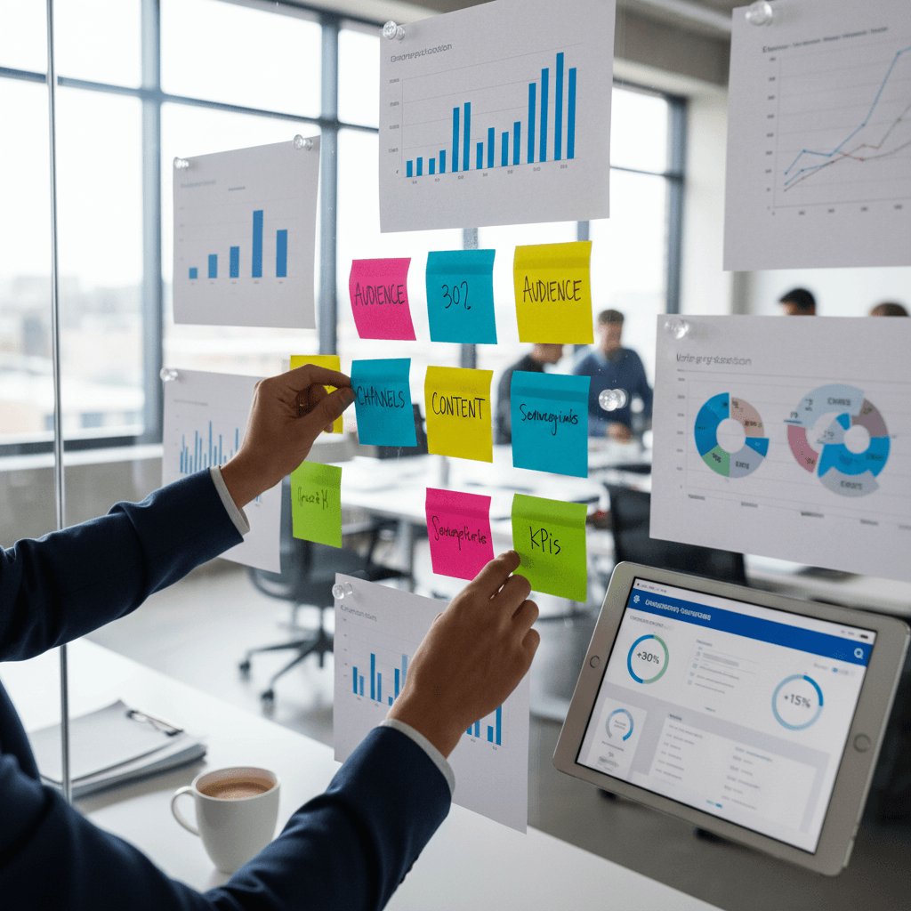 Professional analyzing a strategic launch timeline on a whiteboard