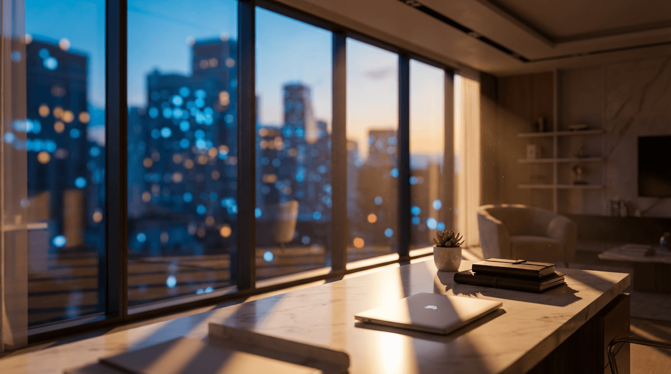 Modern empty boardroom with city skyline at dusk
