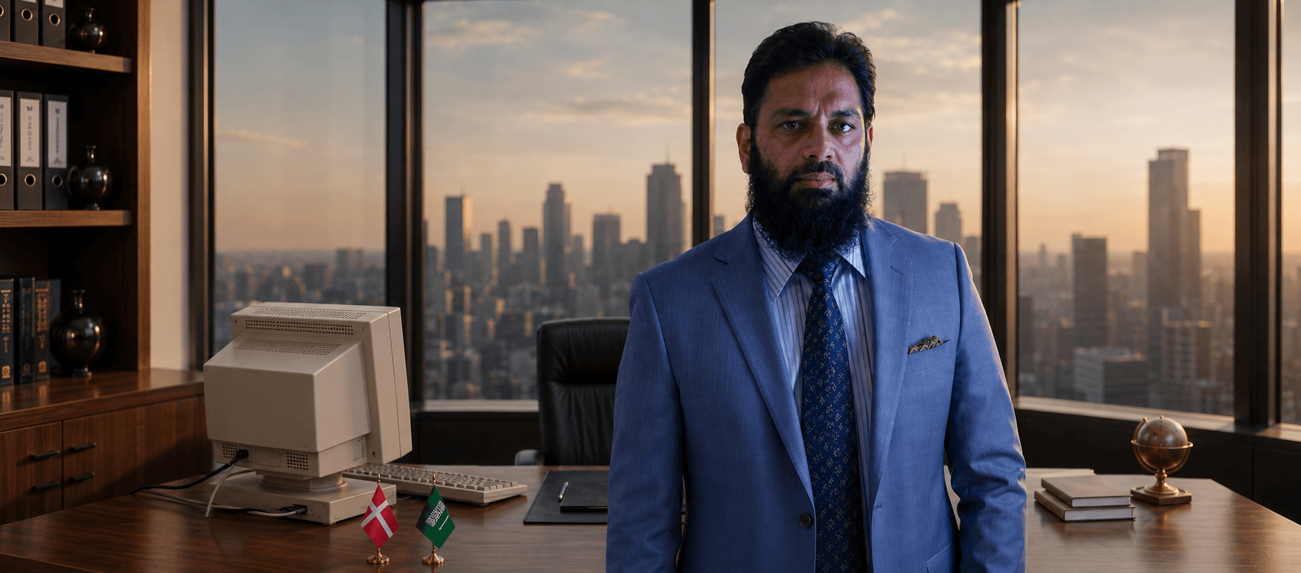 Bearded man in a blue suit stands in an office overlooking a sunset city skyline.